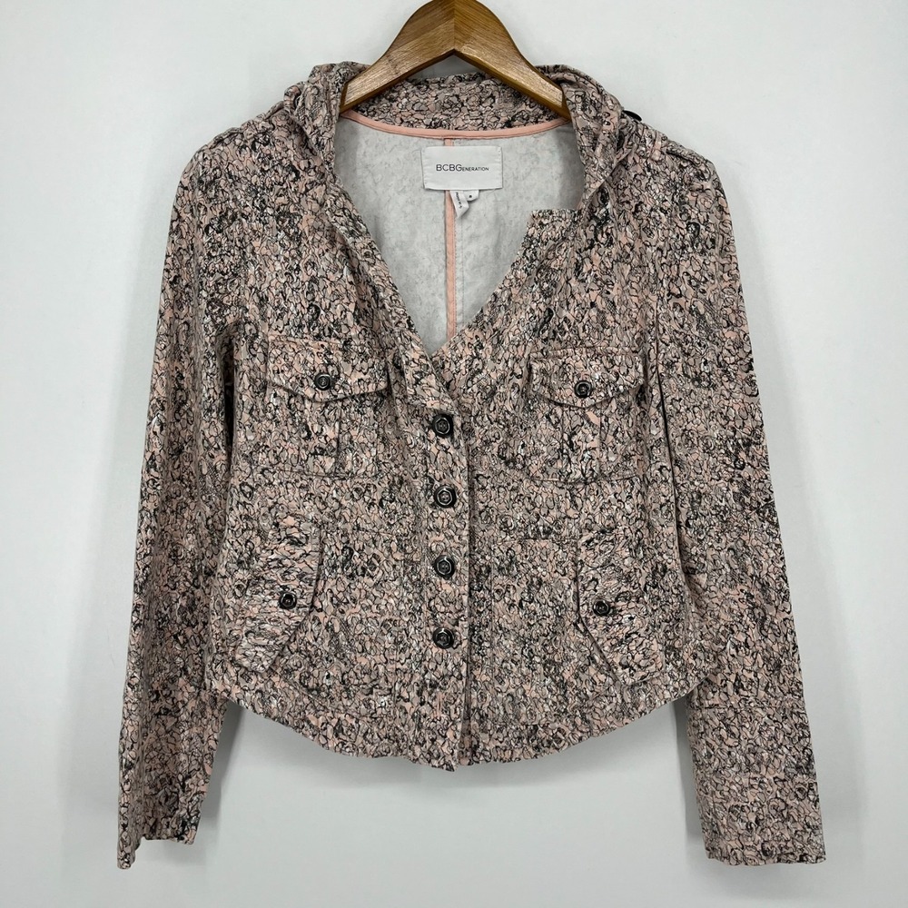 BCBGeneration Jacket Women's Size S Pink Floral Print Convertible‎ Hood